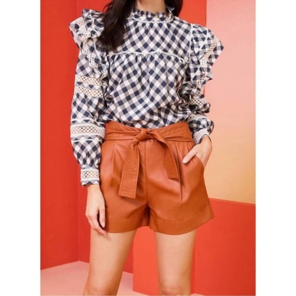MARIE OLIVER ruffled Crochet que blouse in indigo plaid